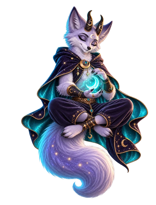 Veyr closes her eyes and holds a quiet crescent of light